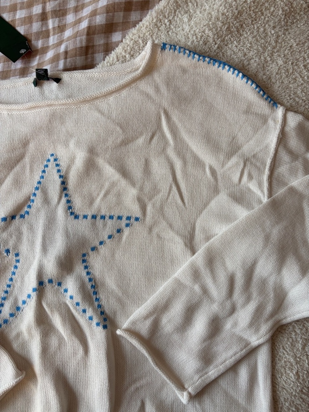 Cream Sweater with Blue Star Stitching - NWT